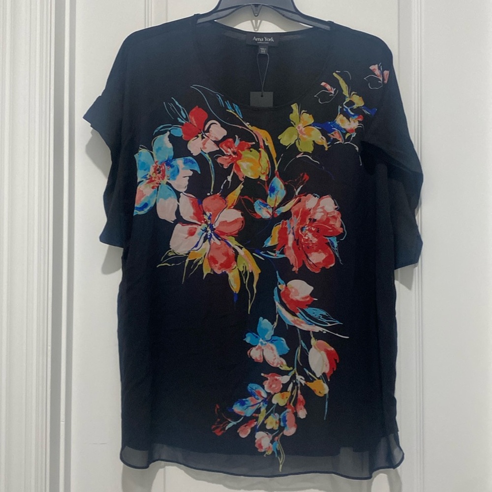 Womens black floral print top - 14/16 - new with tags